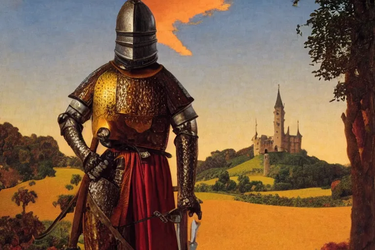 Prompt: painting of a medieval knight in front of a castle, sunset, clouds, chill, romantic, by ludwig deutsch and maxfield parrish, patterned tilework, extremely detailed, cinematic lighting, smooth sharp focus