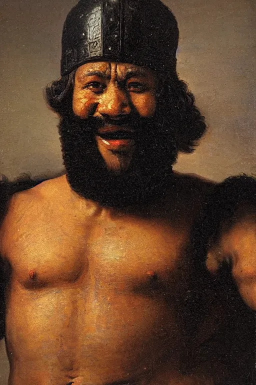 Prompt: spartan, black skin. Oily muscles. thick black beard. Big smile. oil painting. By Rembrandt.