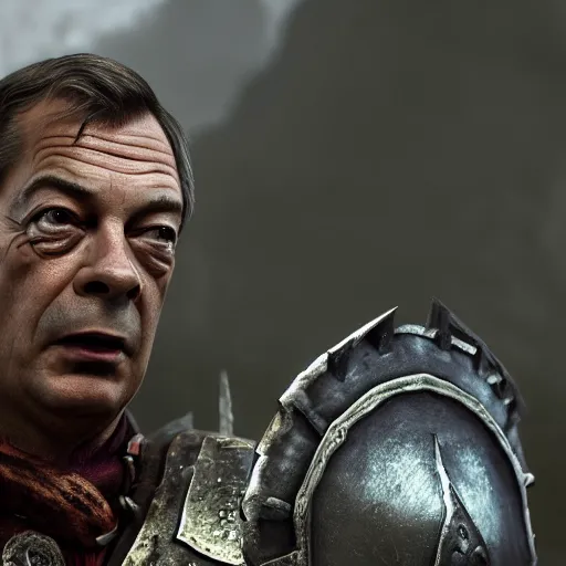 Image similar to nigel farage as a warrior in skyrim, splash art, movie still, cinematic lighting, dramatic, octane render, long lens, shallow depth of field, bokeh, anamorphic lens flare, 8 k, hyper detailed, 3 5 mm film grain