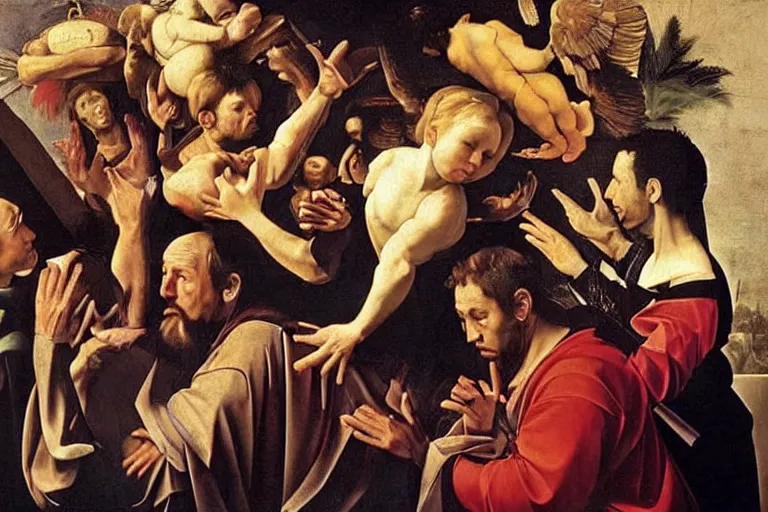 Prompt: A holy painting on an altarpiece of pop culture memes by Caravaggio,