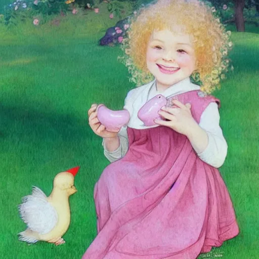 Image similar to a beautiful smiling little [[[[[[[[blonde toddler]]]]]]]]] girl with short loosely curly hair, at the park on a beautiful day, holding a round all-pink stuffed penguin, by Artgerm, Mucha Klimt, Hiroshi Yoshida and Craig Mullins, featured on Artstation, CGSociety, Behance HD, Deviantart