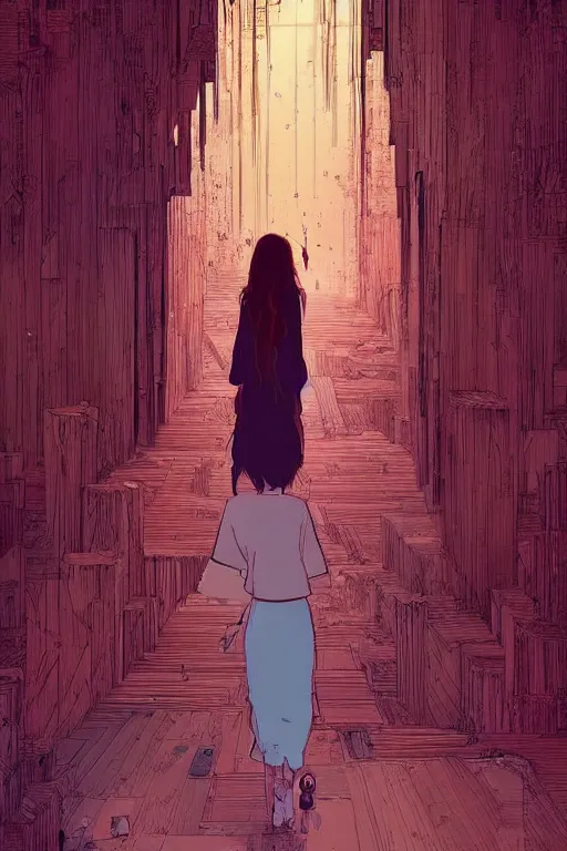 Prompt: a girl walking to a giant wooden door with archaic symbols embedded onto, cave, waterfall, digital art, very graphic illustration by pascal campion and moebius and victo ngai, colorful comics style