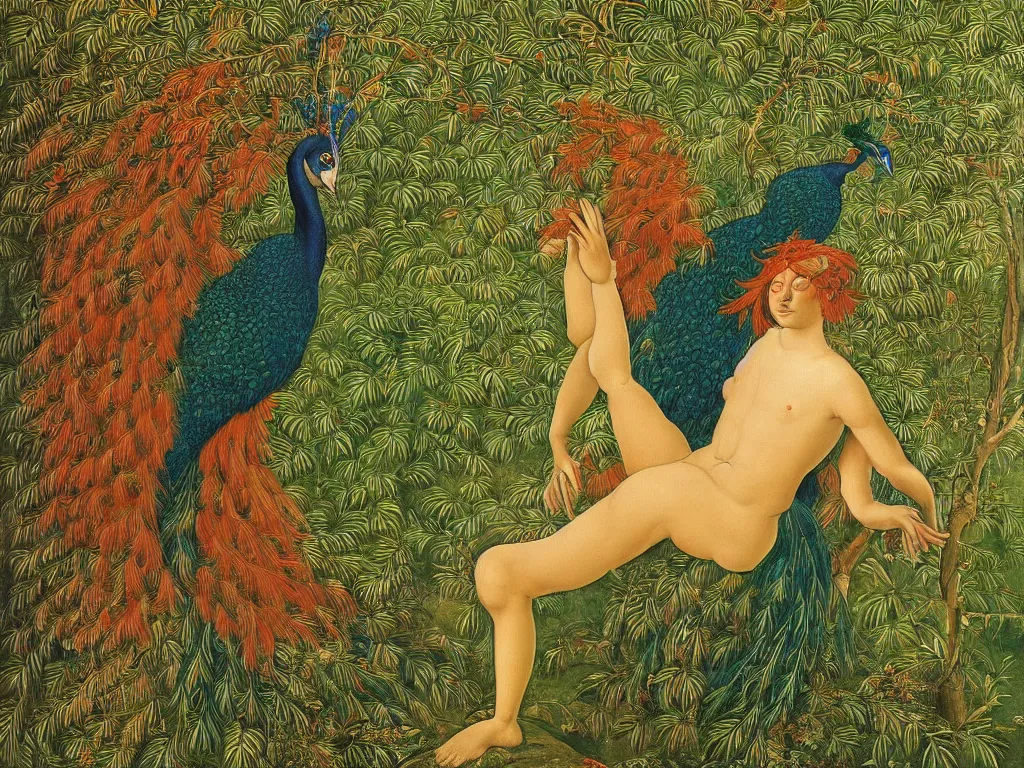 Prompt: Miraculous peacock touching with a red feather the forehead of a melancholic man in a jungle, painting by Botticelli