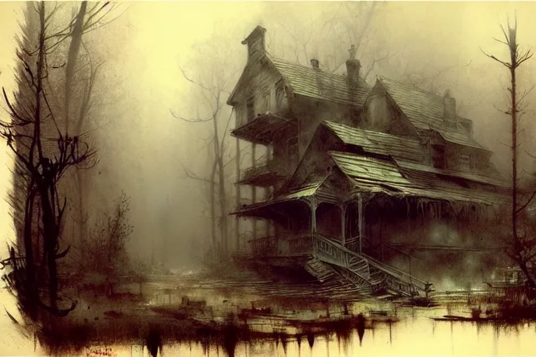 Image similar to (((((a ramshackle manhattan brownstone deep in the forest, creepy, foggy, rainy))))) by Jean-Baptiste Monge!!!!!!!!!!!!!!!!!!!!!!!!!!!