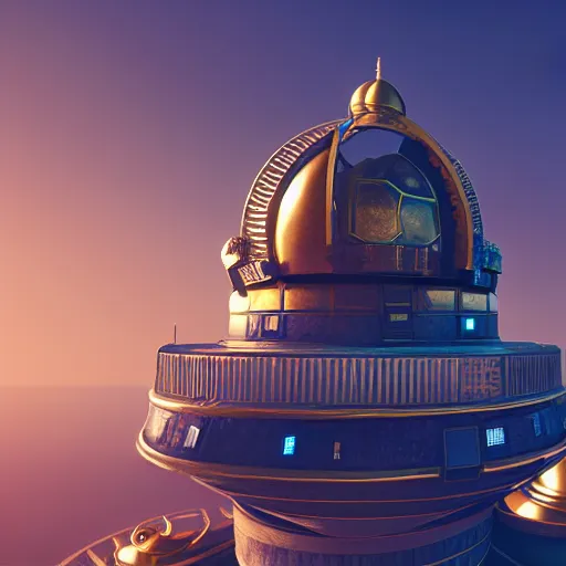 Image similar to observatory of a golden fantasy sci fi luxurious city with cerulean oceansides, scandinavian / norse influenced, cinematic, ray traced, octane render, cinematic lighting, ultrarealistic, featured on artstation, 8 k uhd artwork