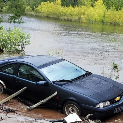 Prompt: a chevy cavalier, sinking in a river, photo