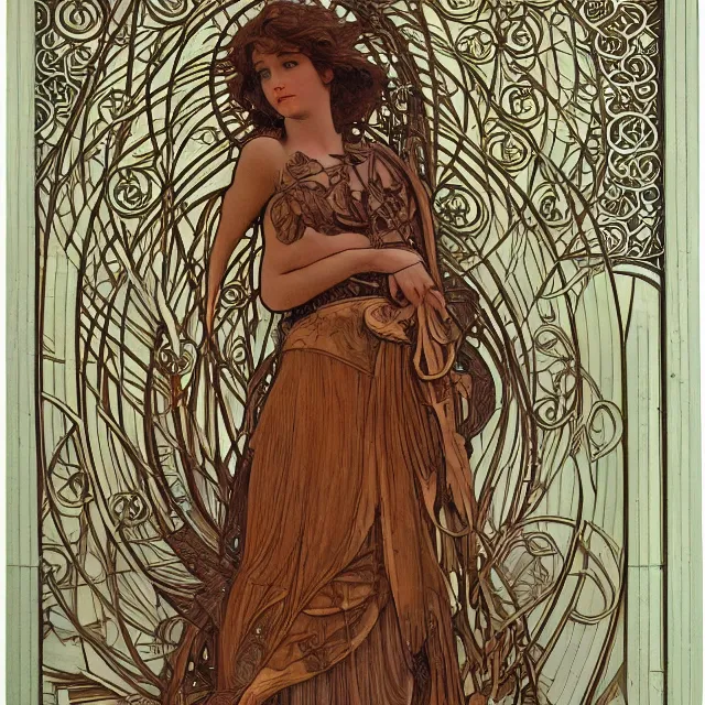 Image similar to a bas - relief wooden art nouveau sculpture of a young molly ringwald with long hair blowing in the wind, in front of a delicate tracery pattern, intricate and highly detailed, well - lit, ornate, realistic, by alphonse mucha