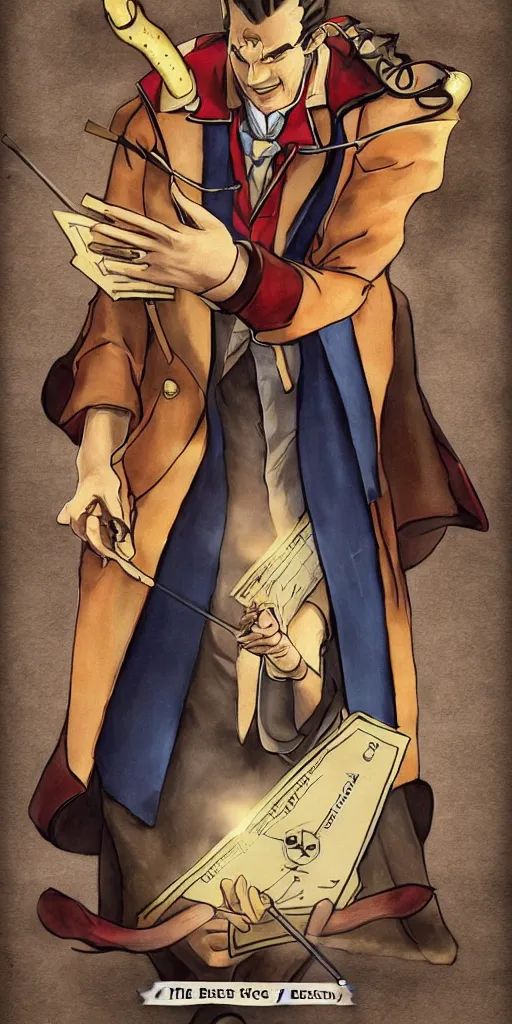 Image similar to the judge from Ace Attorney with a beam scale in one hand. Tarot card Justice, impressive art, detailed, singe subject