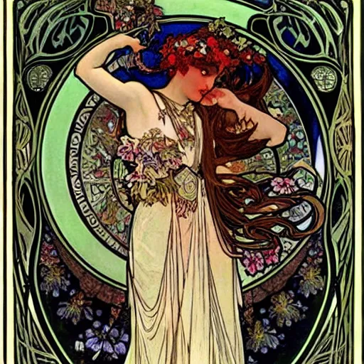 Image similar to persephone as goddess of death and flowers, evil, painted by alphonse mucha