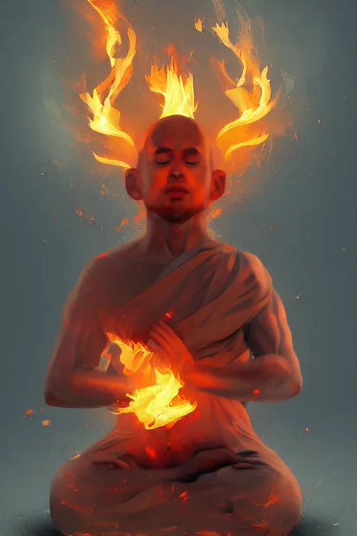 Image similar to A meditating monk on fire , Trending on artstation.