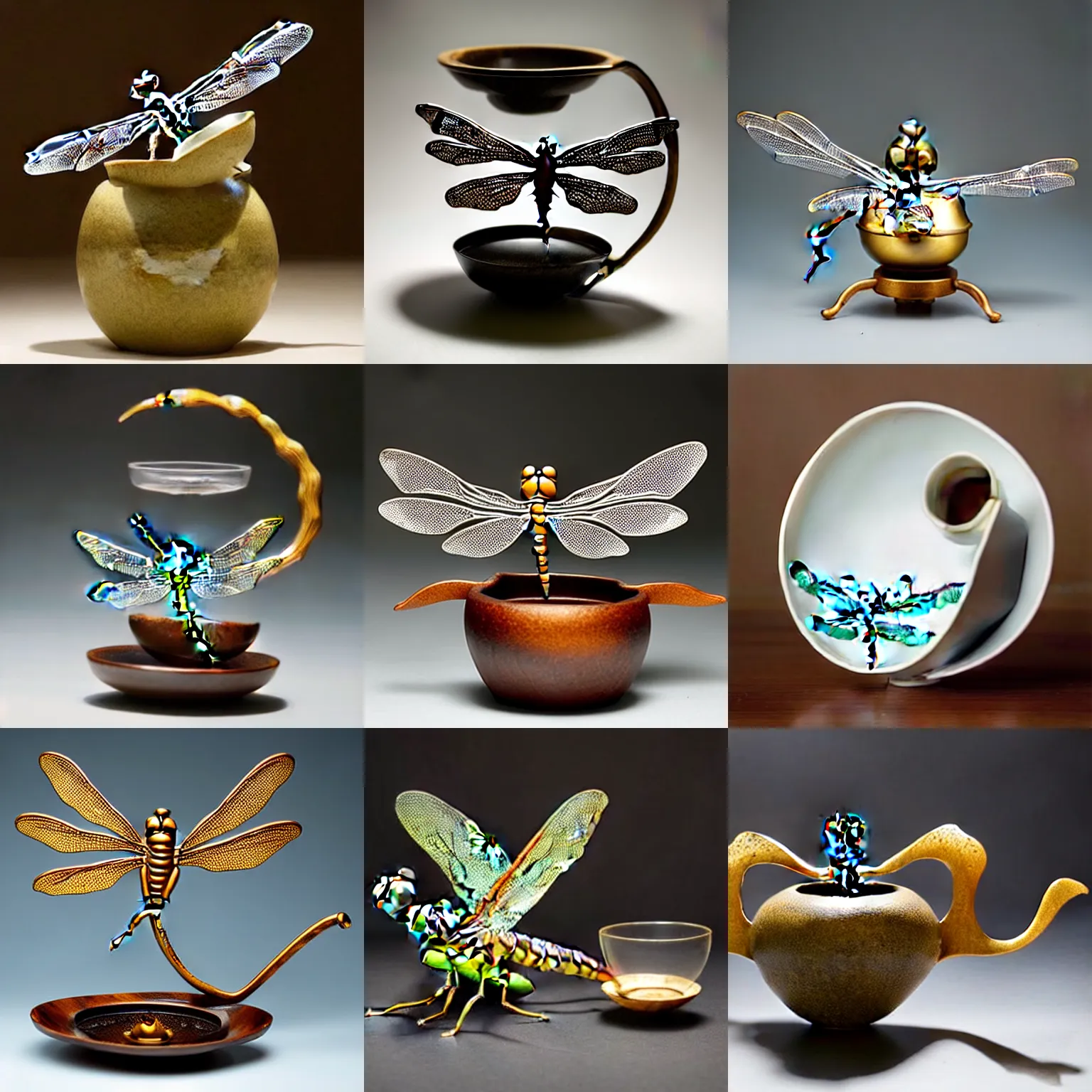 Image similar to Dragonfly-shaped, dragonfly-like, a bespoke dragonfly-formed tea-brewing pouring vessel in the shape of a dragonfly, that looks like a dragonfly, that has the form of a dragonfly, dragonfly-shaped