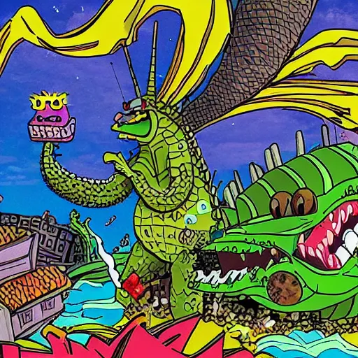 Prompt: Spongebob Godzilla destroying a city