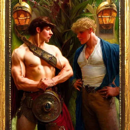 Image similar to attractive muscular arthur pendragon and muscular attractive merlin go to a pub together to have some drinks. highly detailed painting by gaston bussiere, craig mullins, j. c. leyendecker, alphonse mucha 8 k