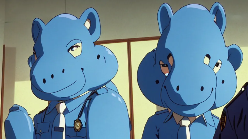 Image similar to a cop wearing a blue hippo mask standing in a police station, anime film still from the an anime directed by Katsuhiro Otomo with art direction by Salvador Dalí, wide lens