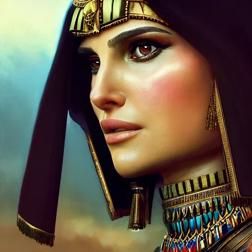 Image similar to closeup portrait of natalie portman as cleopatra, city background, dramatic light, gorgeous view, depth, high detail, digital art, painted by greg rutkowski and seb mckinnon, trending on artstation