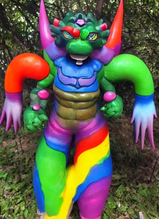 Image similar to kaiju sofubi, rainbow colored, spray painted