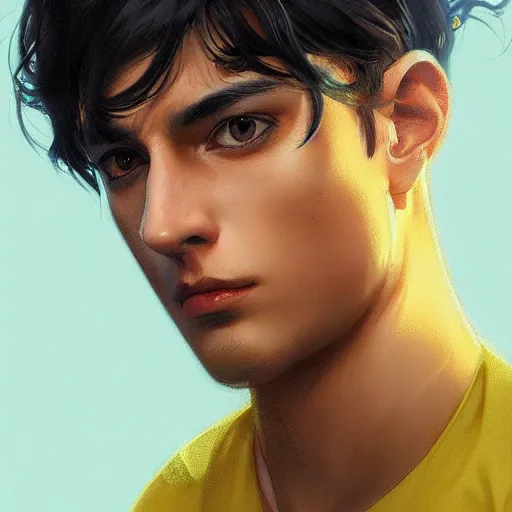 Image similar to ultra realistic illustration, a young man with black hair, in a checkered yellow and black shirt, with blue eyes, highly detailed, digital painting, artstation, concept art, smooth, sharp focus, illustration, art by artgerm and greg rutkowski and alphonse mucha