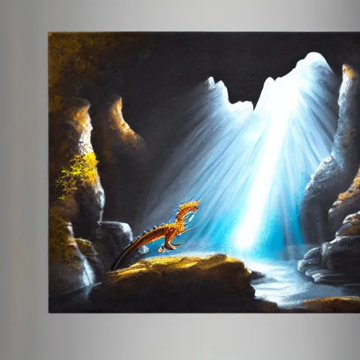 Image similar to oil painting of a dragon flying in the air near a cave with a waterfall in the center, light emanating from the waterfall leading to a big pool of water, dragon has black and white siberian tiger stripes, elegant, sharp focus, wide shot, clear, detailed, early renaissance