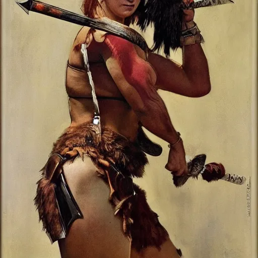 Image similar to portrait of a beautiful savage muscular barbarian female with light leather armor, by norman rockwell