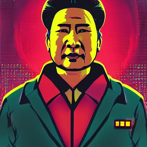 Prompt: cyberpunk mao zedong as the leader of a futuristic communist society, cybernetics, sharp lines, digital, artstation, colored in