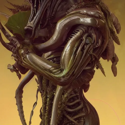 Image similar to a xenomorph made of plants, art by artgerm and greg rutkowski and alphonse mucha, concept art, octane render, unreal engine 5, highly detailed, high quality, 8 k, soft lighting, realistic face, path traced