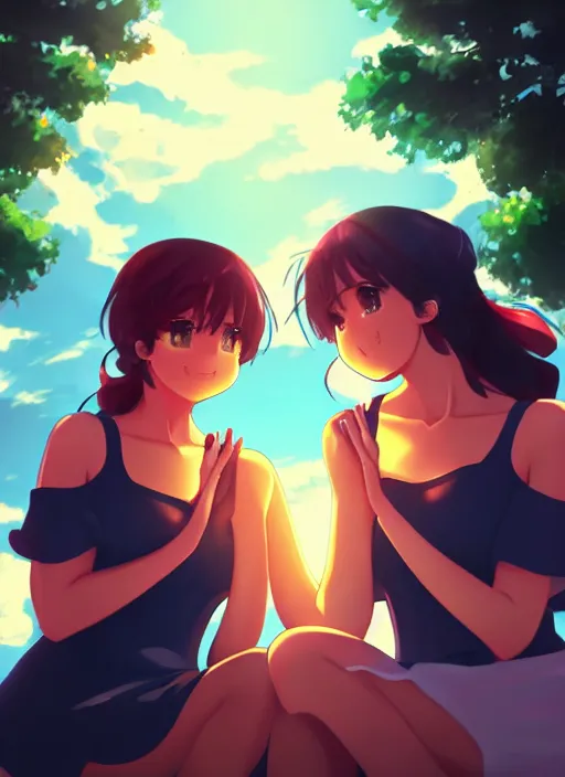 Image similar to two beautiful mothers sitting on a hot summer evening, gorgeous faces, thick lines, cinematic lighting, detailed anime art