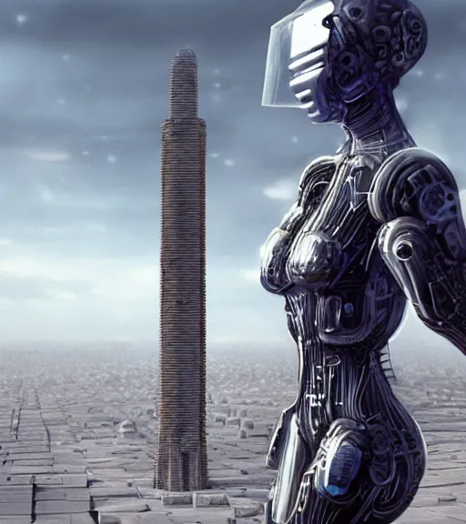 Image similar to tarkovsky greatest scene, the ancient destroyed majestic tower of babylon, woman in gantz suit, futuristic cyber clothing, transparent puffer jacket, hyperrealistic, blockchain, cyber world, ambient lighting, concept art, intricate, hyper detailed, smooth, dynamic volumetric lighting, octane, ray trace, cinematic, high quality, cgsociety