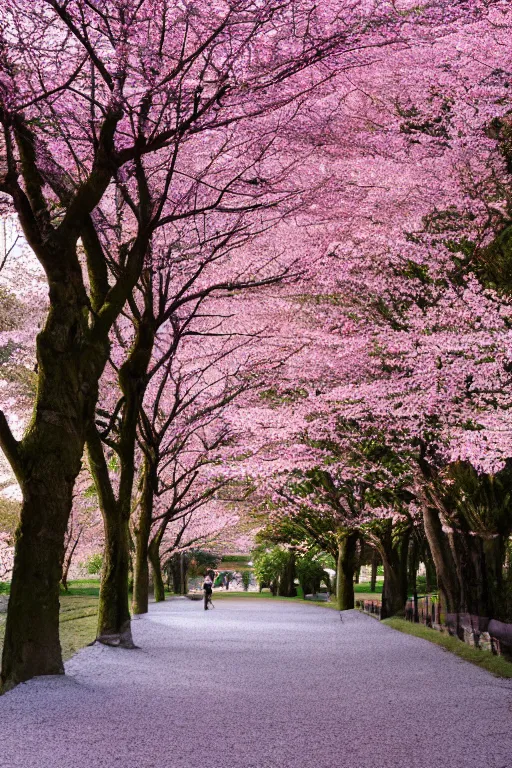 Prompt: photo of a park path lined with beautiful cherry blossom trees, soft lighting,