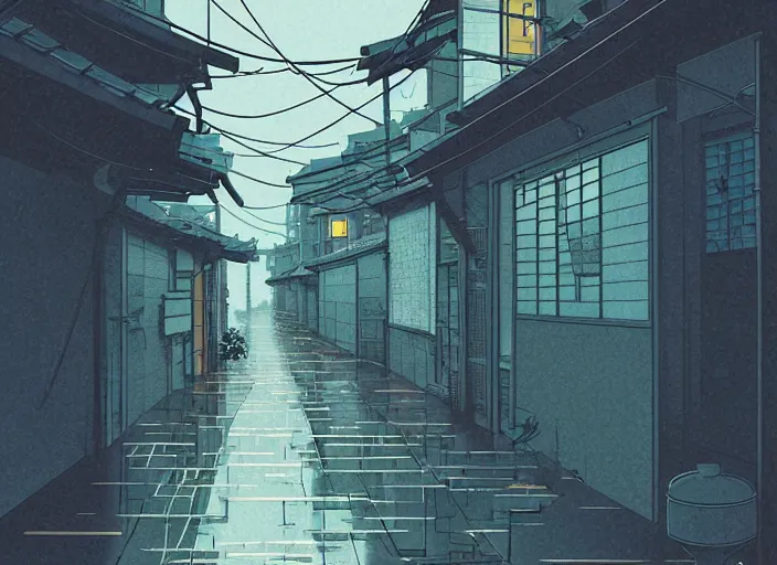 Prompt: window in foreground!!! tokyo alleyway, rainy day, by cory loftis, makoto shinkai, hasui kawase, james gilleard, beautiful, serene, peaceful, lonely, golden curve composition