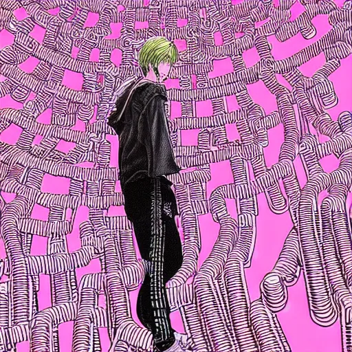 Image similar to hyper-detailed manga illustration of a human form made of pink patch cables, with a large modular synthesizer