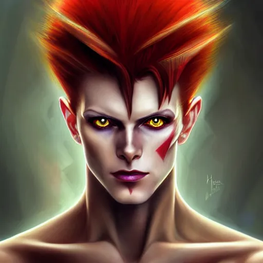 Prompt: portrait of hisoka morow hunter hunter, male, sharp jaw yellow eyes narrow sultry eyes red hair soft bunched hair swept back crimson medium length hair, anime, fantasy, intricate, elegant, highly detailed, digital painting, artstation sharp focus, vaguely david bowie inspired art by artgerm and greg rutkowski and alphonse mucha