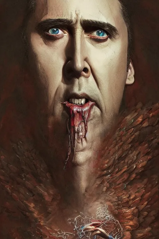 Prompt: Angel Nicolas Cage face with nimbus, dark fantasy, intricate, highly detailed, smooth, artstation, painted by Wayne Barlowe, Greg Rutkowski, zdislav beksinski, Francis Bacon