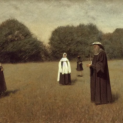 Prompt: a puritan priest preaching to some people in a field, 1 8 9 0 s, by francis davis millet