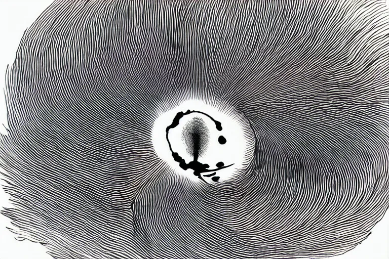 Image similar to pomeranian looking into a giant swirling black hole, black and white, botanical illustration, black ink on white paper, bold lines