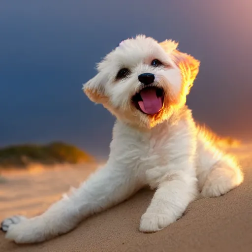 Image similar to a closeup photorealistic photograph of a cute smiling tiger bichon puppy laying out at the beach during sunset. professional capture, well lit shot. this 4 k hd image is trending on artstation, featured on behance, well - rendered, extra crisp, features intricate detail, epic composition and the style of unreal engine.