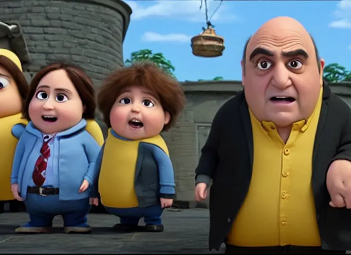 Prompt: Danny DeVito cast as Gru with his minions, still from Despicable Me 2010