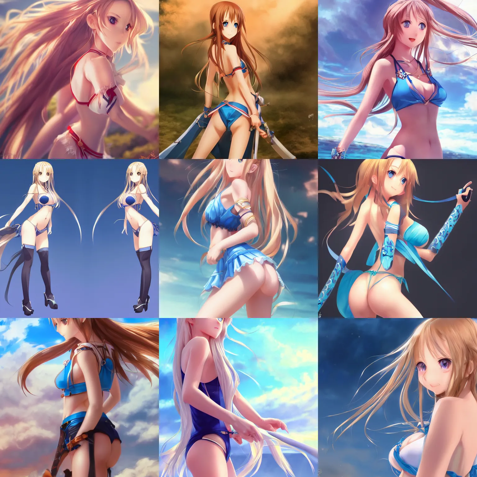 Prompt: a very beautiful young yuuki asuna, full body, long wavy blond hair, sky blue eyes, full round face,, bikini, miniskirt, back view, mid - shot, highly detailed, cinematic wallpaper by stanley artgerm lau