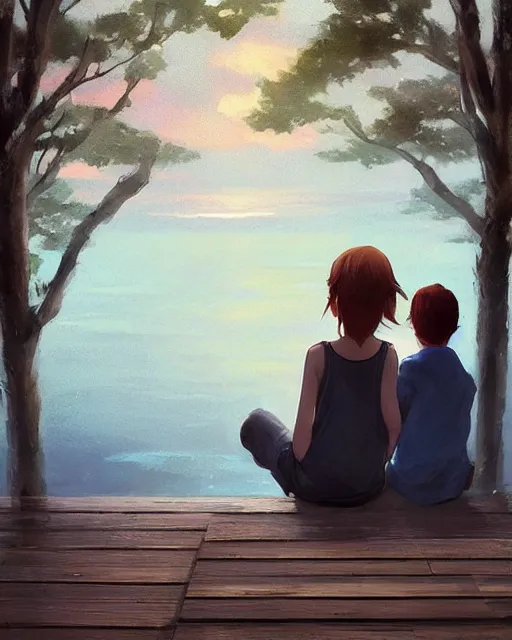 Image similar to a girl and a boy sitting together on a pier overlooking a pond. romantic. atmospheric lighting, 8 k. by makoto shinkai, stanley artgerm lau, wlop, rossdraws, james jean, andrei riabovitchev, marc simonetti, krenz cushart, sakimichan, d & d trending on artstation, digital art.