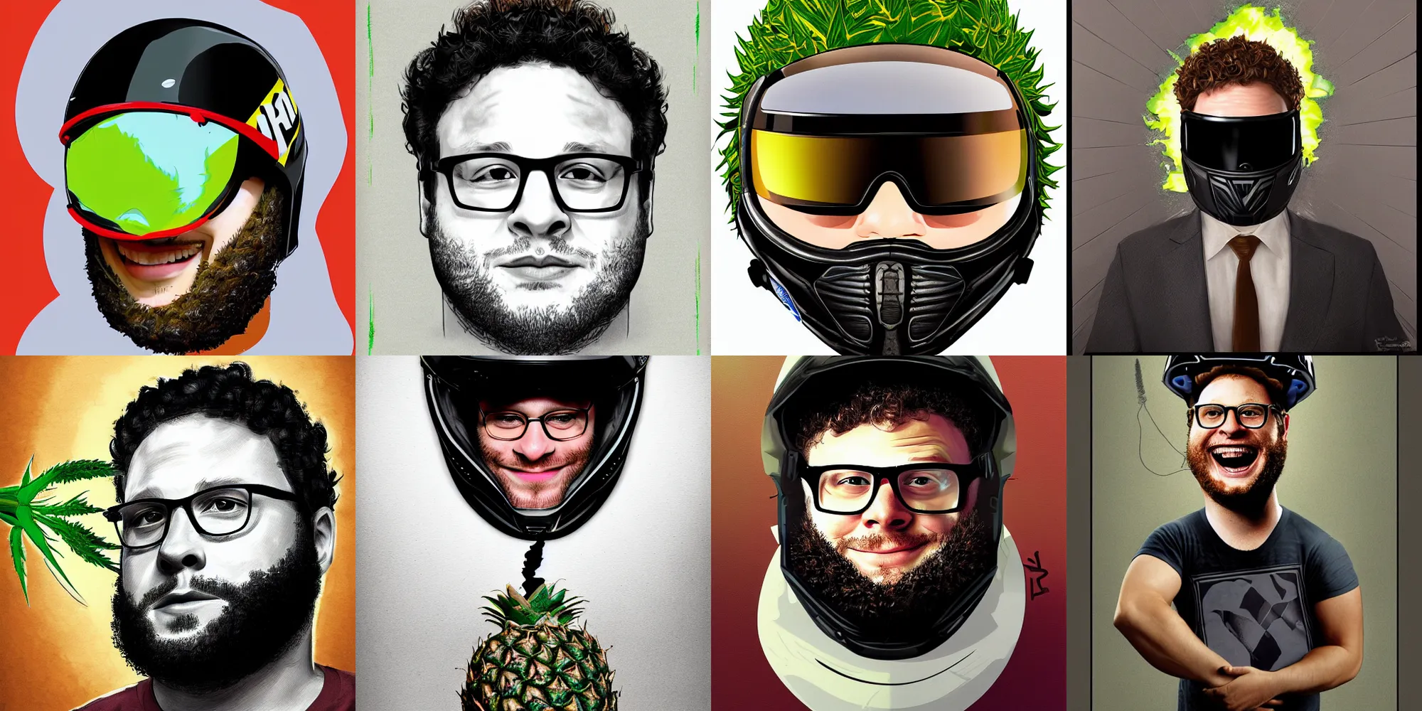 Prompt: seth aaron rogen in black moto helmet, pineapple express weed, funny, portrait, digital paint, hyper realistic,