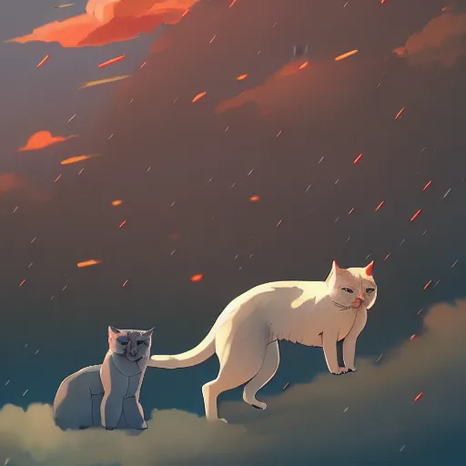 Image similar to giant cats and dogs are falling from the sky like rain, bystanders watching from the sides, 4 k, by miyazaki, monokubo, artstation,