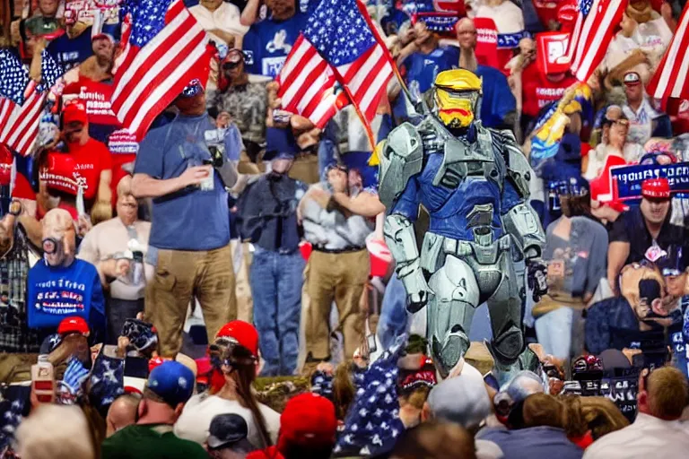 Image similar to diorama effect photo of master chief at a trump rally