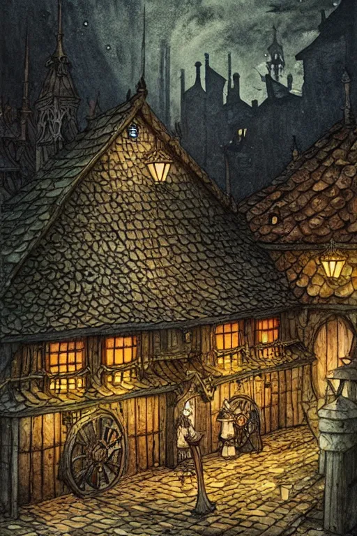 Image similar to medieval tavern exterior night, shingled roof, dark alleyway, fantasy, intricate, elegant, highly detailed, digital painting, artstation, concept art, matte, sharp focus, illustration, art by kay nielsen and walter crane, illustration style, watercolor