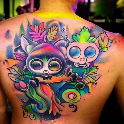 Prompt: shoulder back tattoo of a multicolored cute bush baby with headphones scratching on a dj desk, eyes are colorful spirals, surrounded with colorful magic mushrooms and rainbowcolored marihuana leaves, insanely integrate