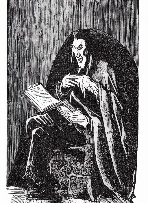 Image similar to dracula reading a book, art by james o barr and albrecht durer, woodblock print, engraved, black and white, vector, vector art