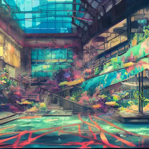 Image similar to painted anime background of an underwater mall in the slums built from various coral seashells and being reclaimed by nature, nostalgia, vaporwave, litter, steampunk, cyberpunk, caustics, anime, vhs distortion, inspired by splatoon by nintendo, art created by miyazaki