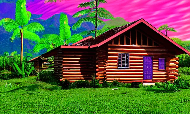 Prompt: Log Cabin in a vaporwave jungle, 4k Photograph