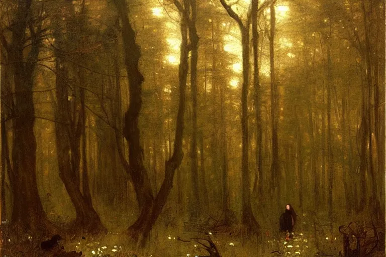 Image similar to dark and spooky painting of a forest dimly lit at night with tiny purple morning glory flowers trailing at the base of trees. foggy cinematic volumetric darkness, muted colour palette, detailed oil painting on canvas john william waterhouse, john everett millais