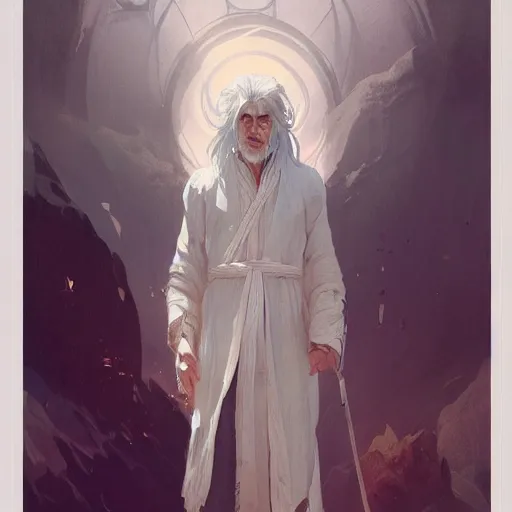 Prompt: man, white clothed, white hair, daoist, artstation, concept art, highly detailed, style of greg rutkowski and alphonse mucha