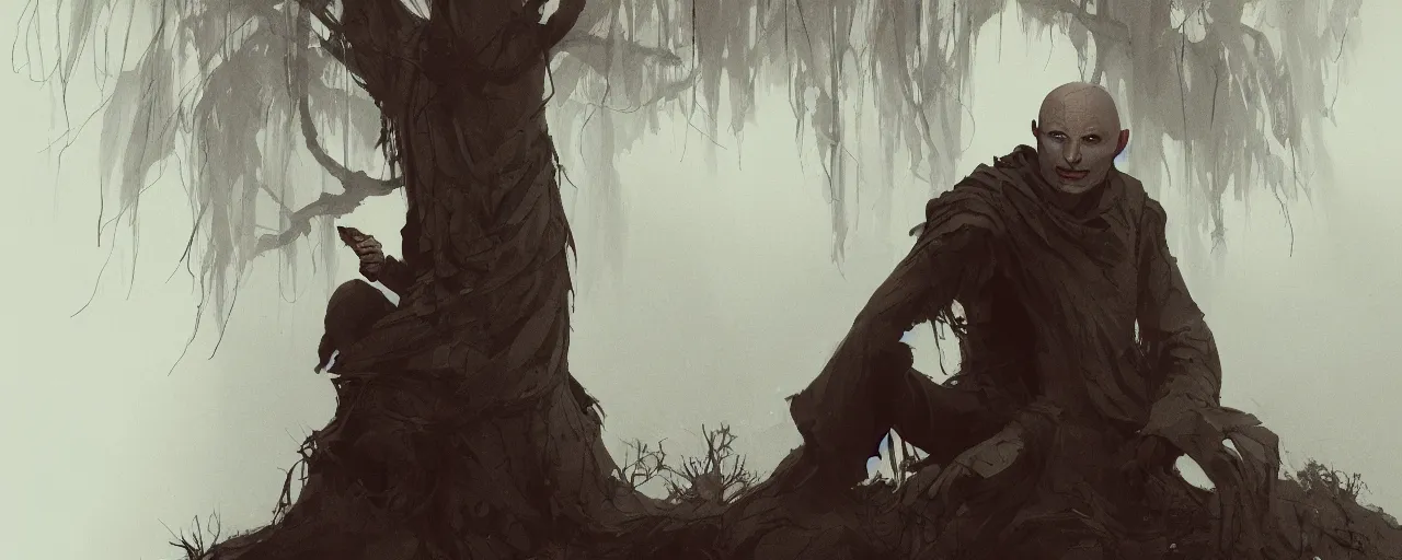 Image similar to duotone noir illustration close up of bald merchant demon sitting below willow tree in medieval brown tunic. foggy evening. dark dream atmosphere with volumetric hellish lighting, by sachin teng and sergey kolesov and ruan jia and heng z. graffiti art, scifi, fantasy, hyper detailed. octane render. concept art. trending on artstation