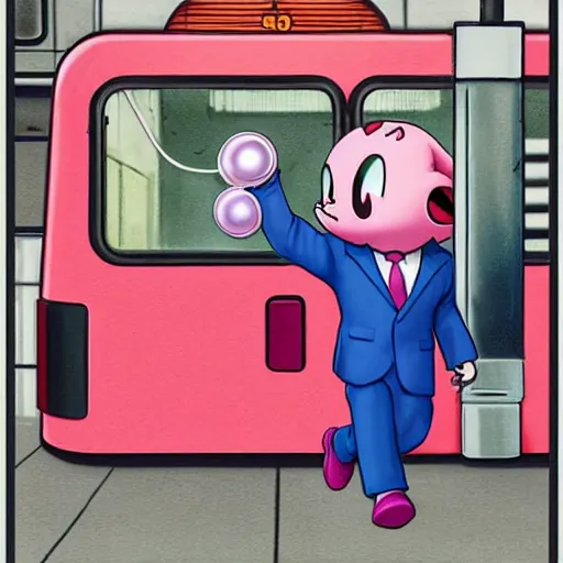 Prompt: jigglypuff runnning to catch the nyc subway, frantic, wearing a suit, style of norman rockwell, photograph, super sharp, style of richard corben, ultra detailed, 8 k, rule of thirds, cinematic lighting.